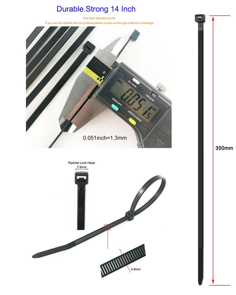 HS رباطات سلك بلاستيكية HS بطول 14 بوصة مقاومة للأشعة فوق البنفسجية لتسييج التخييم والاستخدامات الخارجية 100 قطعة، قوة 50 رطل، روابط كابل ثقيلة الوزن بطول 14 بوصة باللون الأسود - Image 2